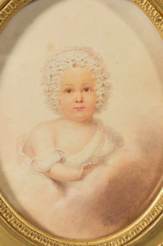 Tableaux et dessins Dessin, Aquarelle & Pastel - pOrTrAiT eN mInIaTuRe DeSsIn D’Un JeUnE eNfAnT e.w ThOmSoN - Epoque Restauration