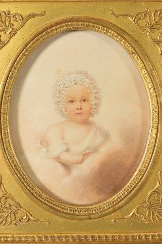 Antiquités - pOrTrAiT eN mInIaTuRe DeSsIn D’Un JeUnE eNfAnT e.w ThOmSoN - Epoque Restauration