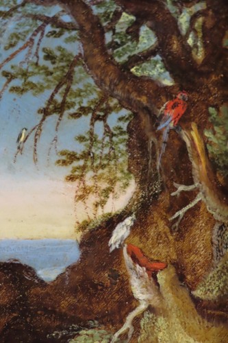 Antiquités - Paysage aux perroquets - Ecole Flamande du 17e siècle