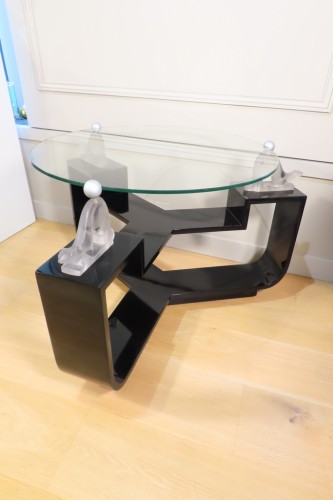 Art Déco - Table basse de salon en verre et laqué noir époque Art Déco
