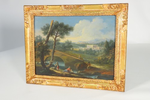 paysage avec une rivière et pont, XVIIIe siècle - Tableaux et dessins Style 