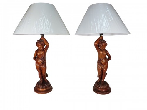 Paire de lampes aux amours en bois sculpté, Italie  fin XIXe siècle
