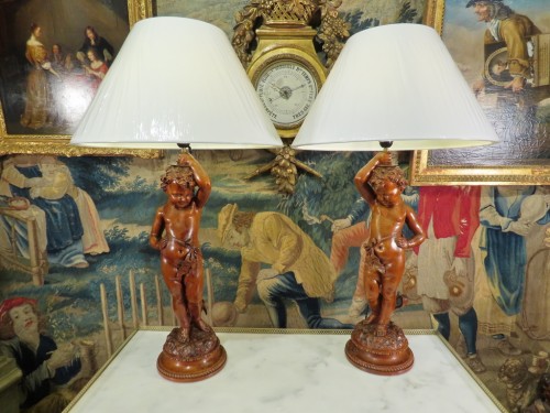 Paire de lampes aux amours en bois sculpté, Italie  fin XIXe siècle - Napoléon III