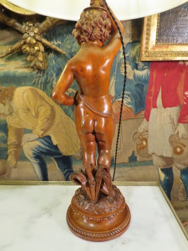 Antiquités - Paire de lampes aux amours en bois sculpté, Italie  fin XIXe siècle
