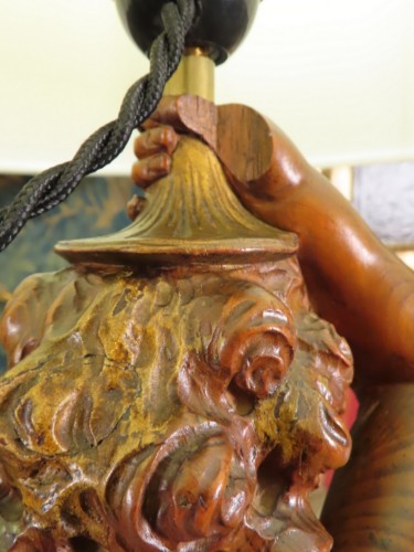 Antiquités - Paire de lampes aux amours en bois sculpté, Italie  fin XIXe siècle
