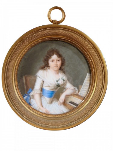 Louis Arlaud (1751-1829 )  - Miniature jeune femme accoudée à son clavecin