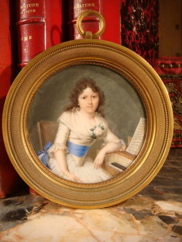 Louis Arlaud (1751-1829 )  - Miniature jeune femme accoudée à son clavecin - Objets de Vitrine Style 