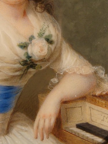 Antiquités - Louis Arlaud (1751-1829 )  - Miniature jeune femme accoudée à son clavecin