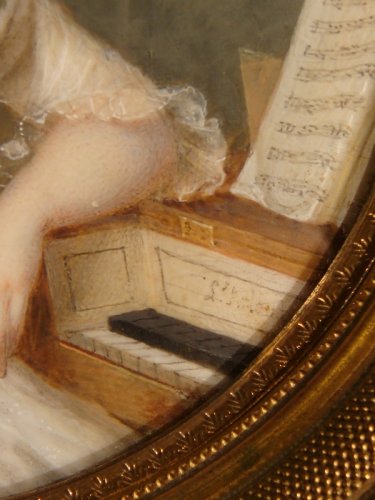 Antiquités - Louis Arlaud (1751-1829 )  - Miniature jeune femme accoudée à son clavecin