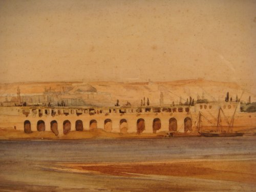 XIXe siècle - Aquarelle représentant les bords du Nil, début XIXe