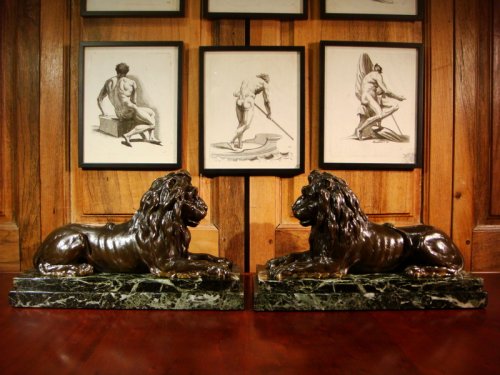 Antiquités - Paire de grands Lions en bronze, époque Napoléon III