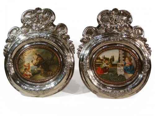 Paire de miniatures religieuses, cadres en Argent