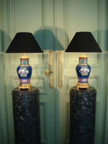Paire de lampes en céramique émaillée - Epoque Second Empire - Luminaires Style Napoléon III