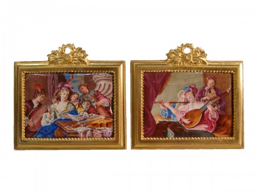 Paire de miniatures sur émail - Salon de musique