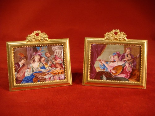 Paire de miniatures sur émail - Salon de musique - Objets de Vitrine Style Napoléon III