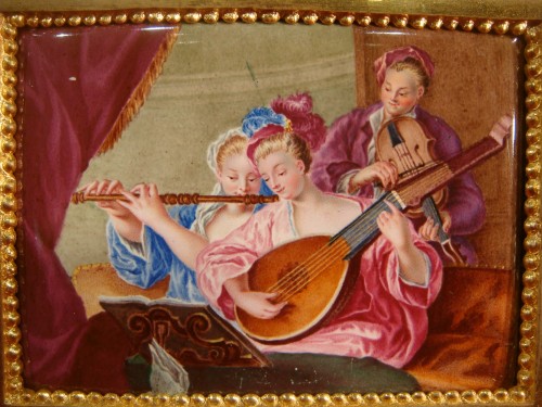 XIXe siècle - Paire de miniatures sur émail - Salon de musique
