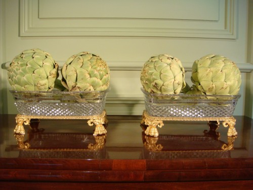 Paire de coupes de table en cristal et bronze doré - Verrerie, Cristallerie Style Restauration - Charles X
