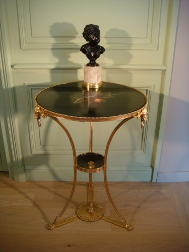 XIXe siècle - Table guéridon en bronze doré et marqueterie de marbre