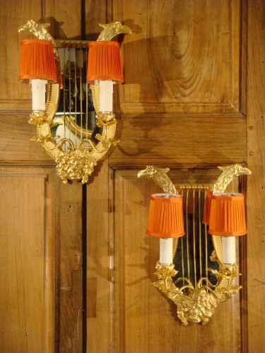 Paire d'appliques lyre à tête de Bacchus - Luminaires Style Napoléon III