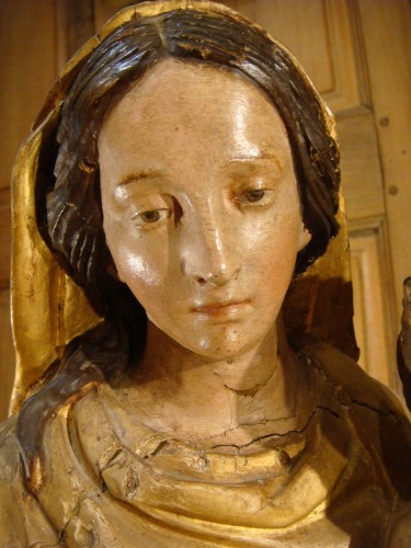 Antiquités - Vierge à l'Enfant en bois sculpté et doré - Epoque XIIIe
