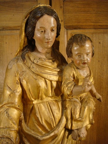 Antiquités - Vierge à l'Enfant en bois sculpté et doré - Epoque XIIIe