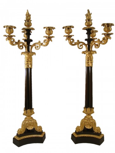 Pair of brown bronze and gilt bronze candelabras from the Charles X period