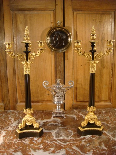 Lighting  - Pair of brown bronze and gilt bronze candelabras from the Charles X period