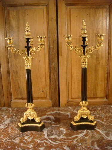 Pair of brown bronze and gilt bronze candelabras from the Charles X period - 