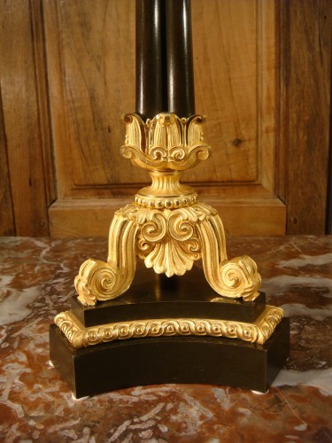XIXe siècle - Paire de candélabres en bronze brun et bronze doré époque Charles X