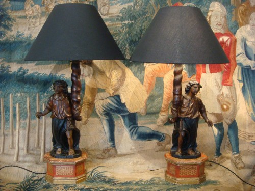 Luminaires Lampe - Anges en bois polychromé montés en Lampe