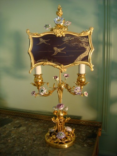 Luminaires Lampe - Lampe écran en bronze doré et porcelaine vers 1880