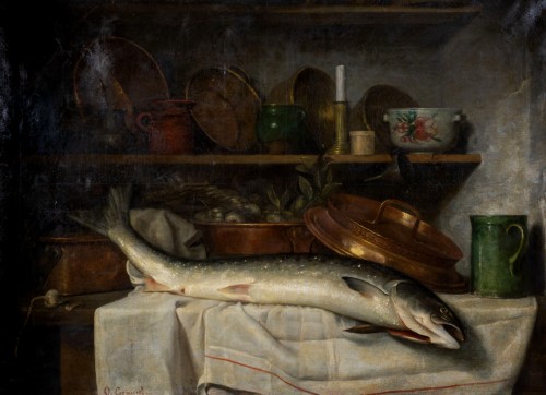 Grande Nature Morte au saumon - JO.de Cocquerel  (1838-1903) - Tableaux et dessins Style Napoléon III