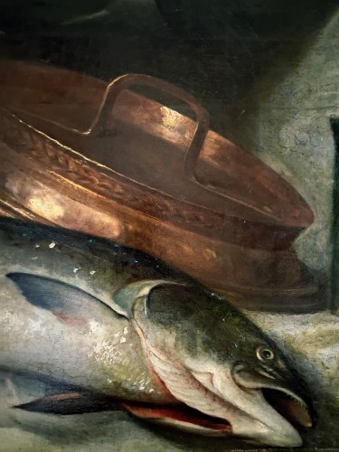Tableaux et dessins Tableaux XIXe siècle - Grande Nature Morte au saumon - JO.de Cocquerel  (1838-1903)