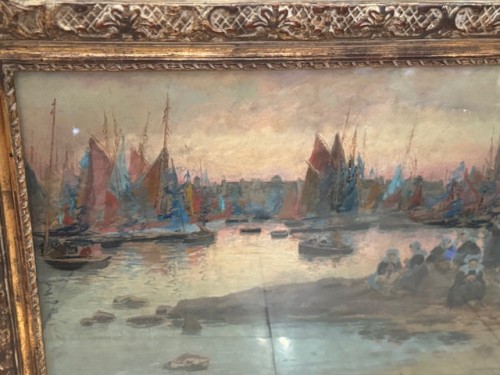 XXe siècle - Mathurin Jansseau (1857-1940) - Pastel représentant l'entrée du port de Concarneau