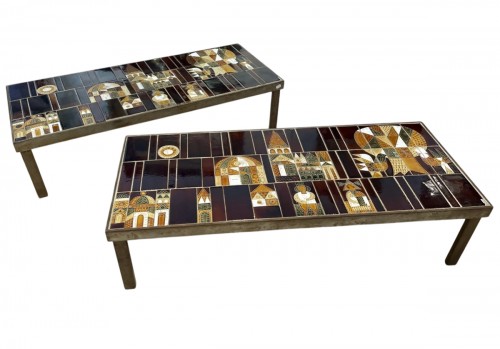 Roger Capron (1922-2006)  - Paire de tables basses "Le village" 