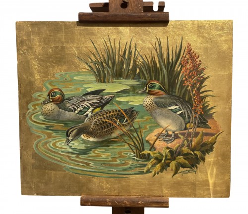 Canards au bord de l'eau sur fond d'or - Jacques Cartier (1907-2001)