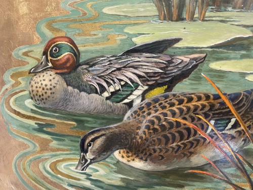 Canards au bord de l'eau sur fond d'or - Jacques Cartier (1907-2001) - Antiquités Paul Azzopardi