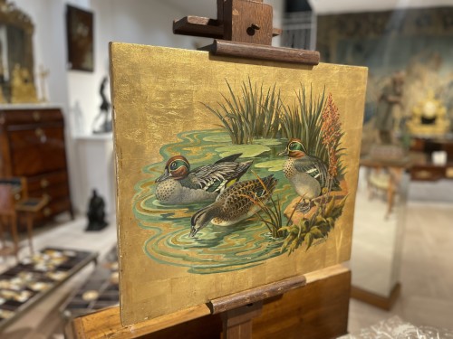 XXe siècle - Canards au bord de l'eau sur fond d'or - Jacques Cartier (1907-2001)