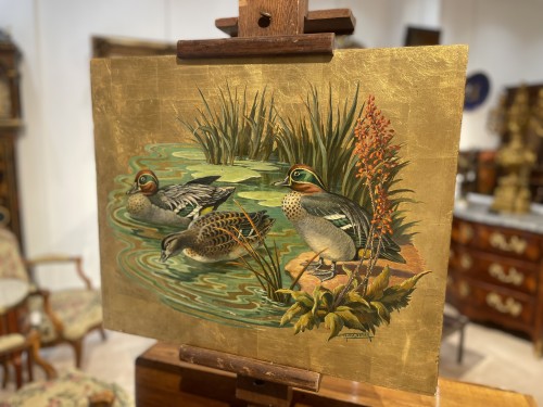 Canards au bord de l'eau sur fond d'or - Jacques Cartier (1907-2001) - Art Déco