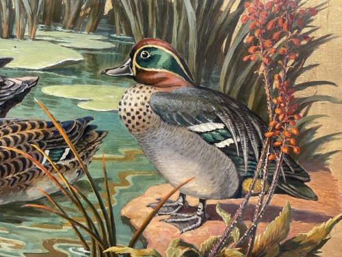 Antiquités - Canards au bord de l'eau sur fond d'or - Jacques Cartier (1907-2001)