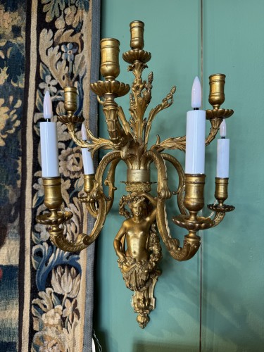 Paire de grandes appliques en bronze 19e - Luminaires Style 