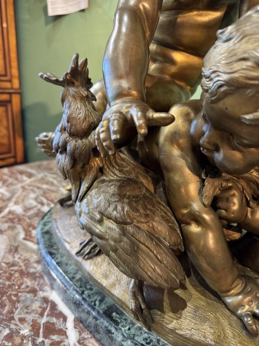 Antiquités - Enfants essayant d'attraper un coq, Bronze fin XIXe début XXe 