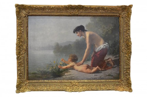 Régnier (1835- 1909) - Femme et enfant au bord d'un étang