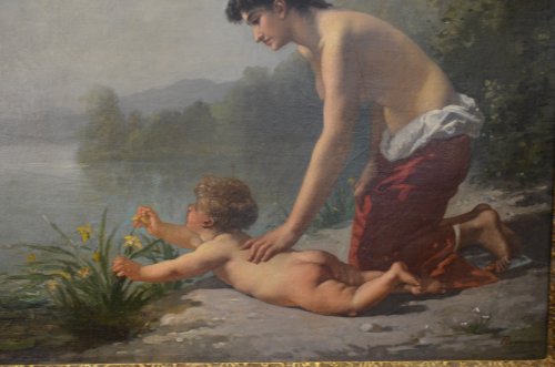 Tableaux et dessins Tableaux XIXe siècle - Régnier (1835- 1909) - Femme et enfant au bord d'un étang