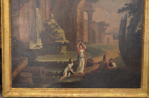 Personnages autour d'une fontaine - XVIIIe siècle dans le goût d'Hubert Robert - Tableaux et dessins Style Louis XVI