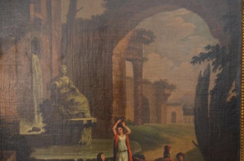 Tableaux et dessins Tableaux XVIIIe siècle - Personnages autour d'une fontaine - XVIIIe siècle dans le goût d'Hubert Robert