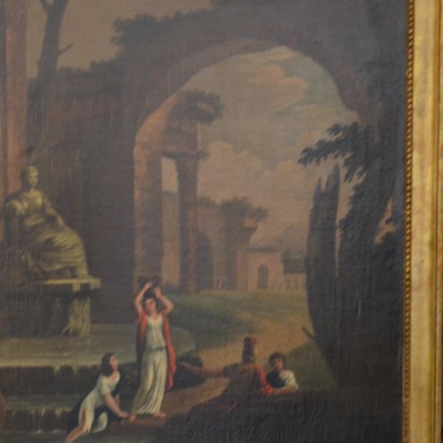 XVIIIe siècle - Personnages autour d'une fontaine - XVIIIe siècle dans le goût d'Hubert Robert
