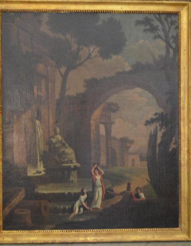 Personnages autour d'une fontaine - XVIIIe siècle dans le goût d'Hubert Robert - Louis XVI