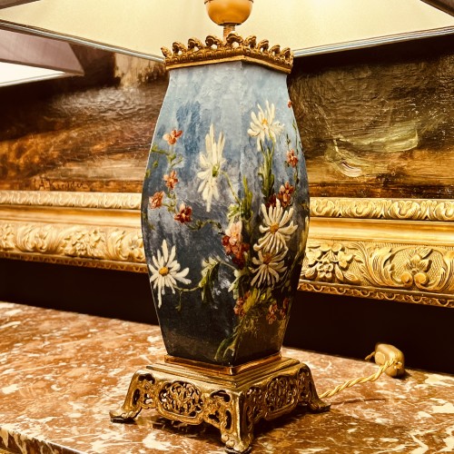 Paire de lampes en céramique à décor floral émaillé, époque Second Empire - Napoléon III