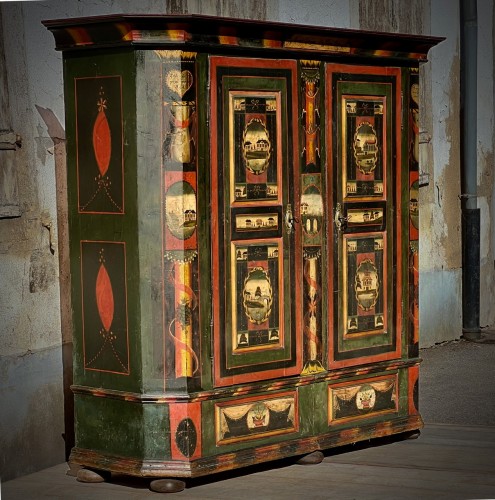 Armoire polychrome Art populaire datée 1827 - Mobilier Style Restauration - Charles X